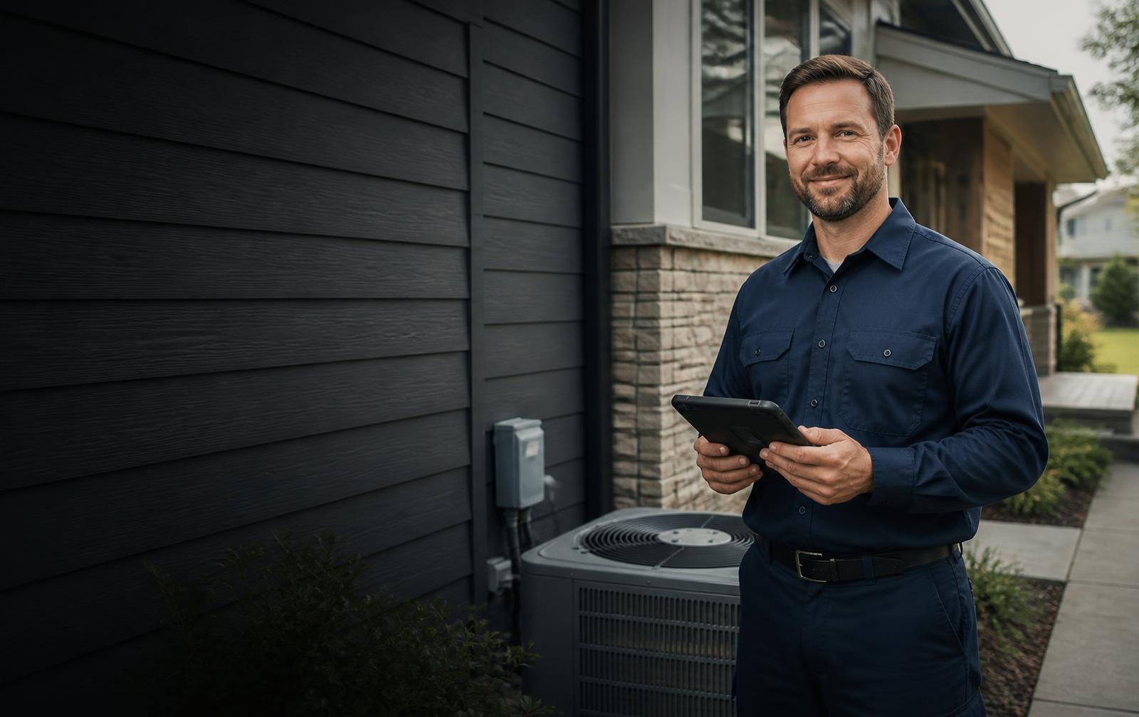 Residential HVAC technician beside an outdoor air-conditioning system